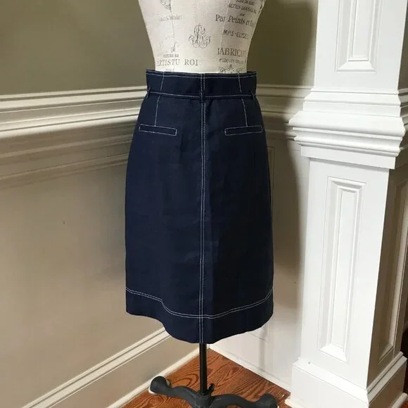 NWT JCrew Button Up Skirt Womens 8 T Tall Navy Blue Straight Stretch Linen NEW - Picture 13 of 15